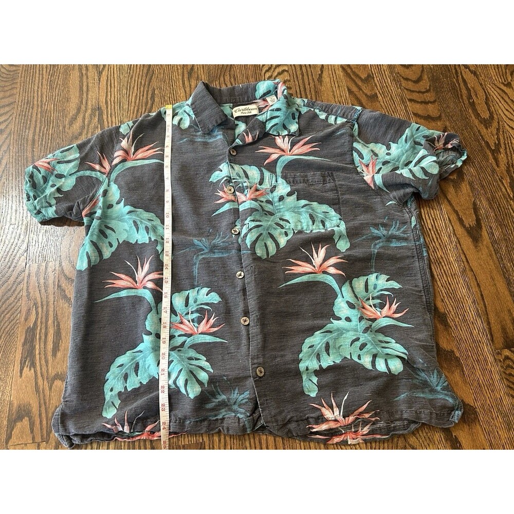 Caribbean 100% Silk Gray Hawaiian Shirt Tropical Short Sleeve Button Down Size L - Picture 5 of 6